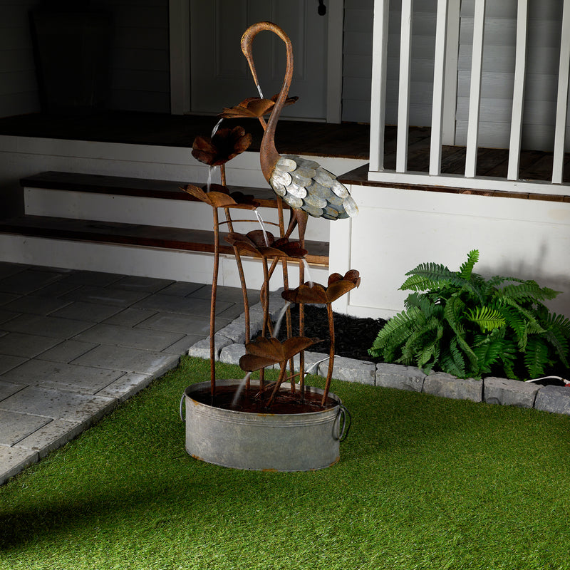 Metal Crane W/Leaves In Pail Fountain HI-LINE GIFT LTD.