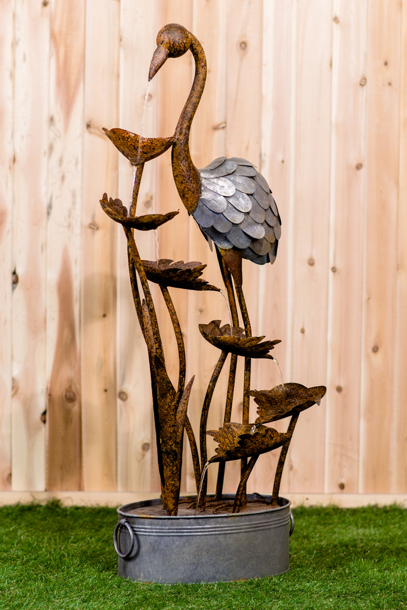 Metal Fountain- Flamingo With Leaves in Pail HI-LINE GIFT LTD.