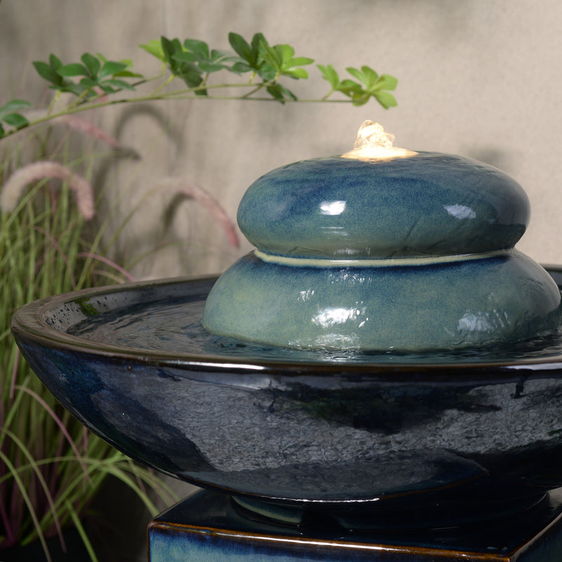 79586-02-BB -  Blue Ceramic Fountain with Submersible Pump and Warm White LED Lights HI-LINE GIFT