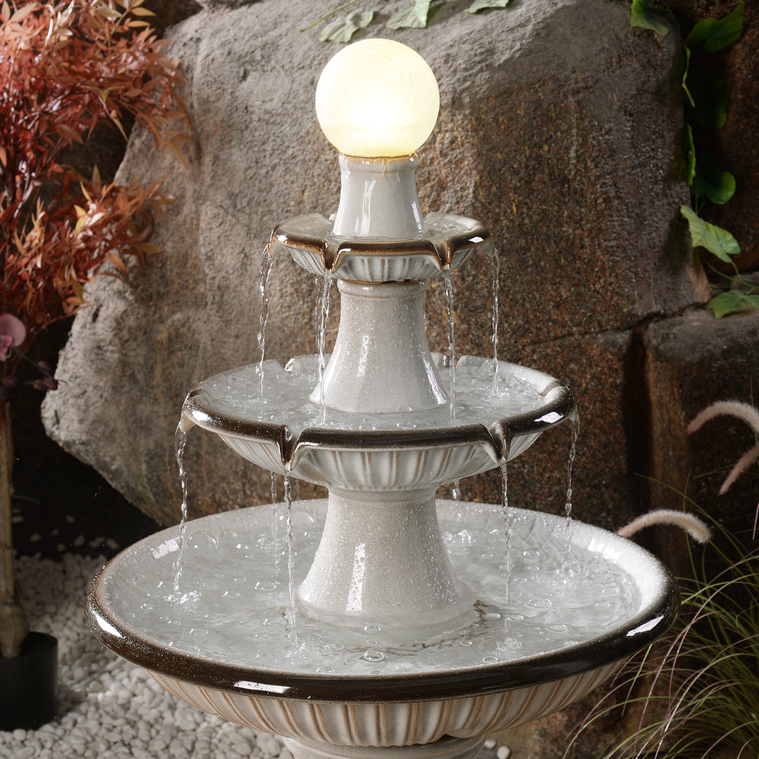 79586-06-IV - 3 Tier Ceramic Fountain with Lights - Ivory Elegance