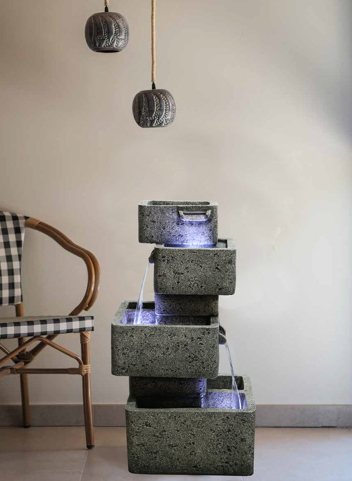 Multilevel Concrete Cascading Fountain With  3 Cool White Led Lights Hi-Line Gift Ltd.