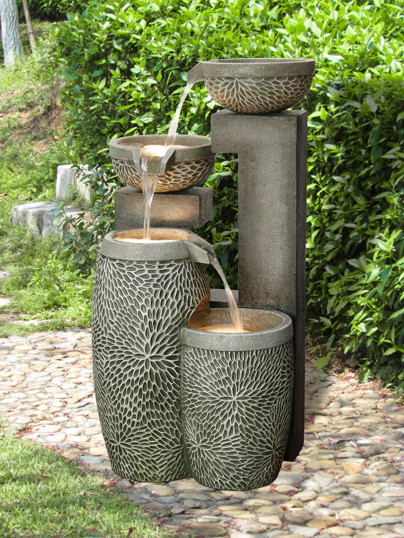 4 Tiers Modern Cascading Water Fountain Outdoor With Warm White Leds Hi-Line Gift Ltd.