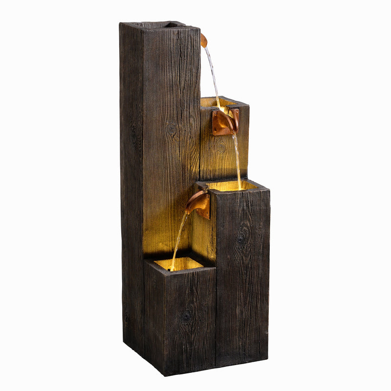 79765 - 34" Wooden Texture Cascading Water Fountain Indoor/Outdoor Use Hi-Line Gift Ltd.