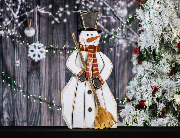 Wooden Snowman With  Broom Statue Hi-Line Gift Ltd.