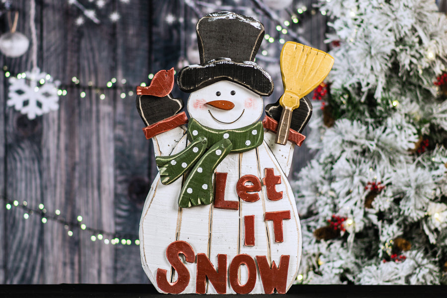 Wooden Snowman With  Let It Snow Statue Hi-Line Gift Ltd.