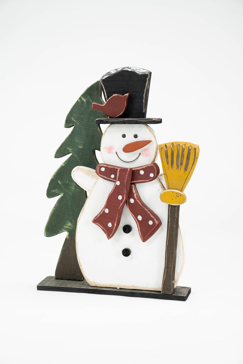 Wooden Snowman W/Broom & Tree Statue Hi-Line Gift Ltd.
