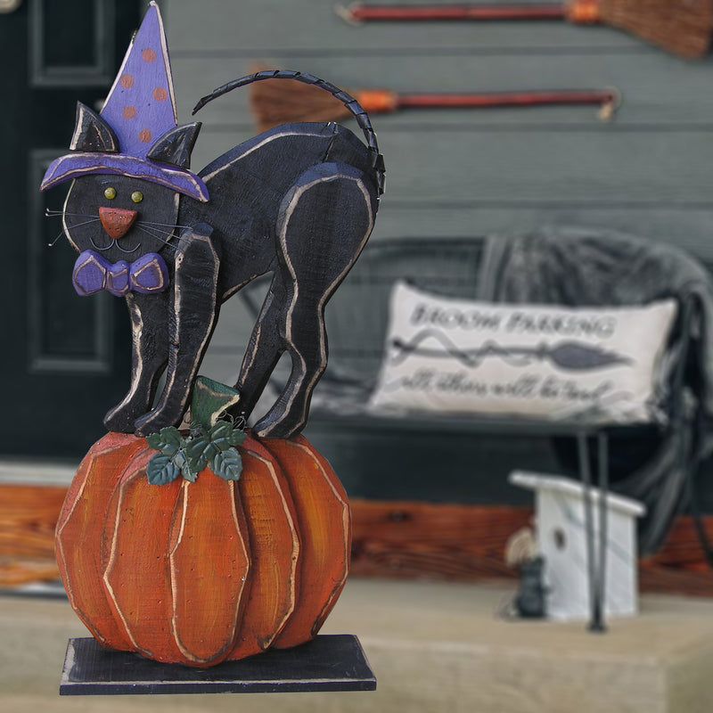 85259-A - 30in Wooden Black Cat on Pumpkin Halloween Decor Indoor Outdoor Use Hi-Line Gift Ltd.