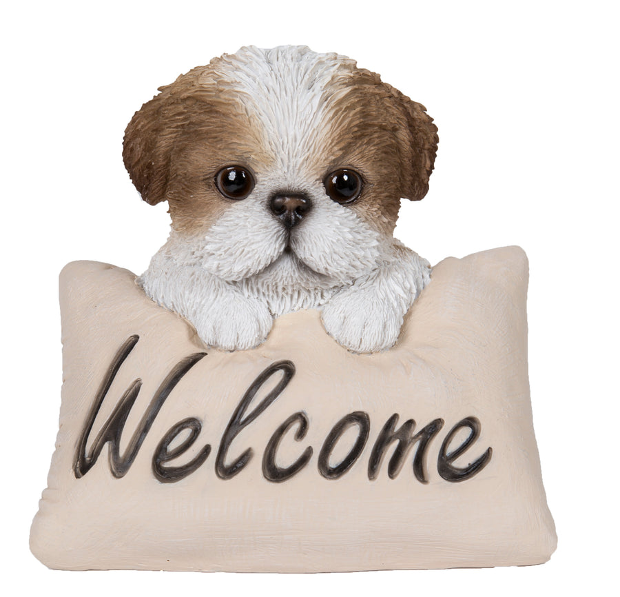 Shi Tzu Puppy With Welcome Sign- Brown& White Statue HI-LINE GIFT LTD.