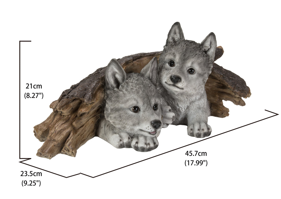 Gray Wolf Cubs Hiding under Log Statue HI-LINE GIFT LTD.