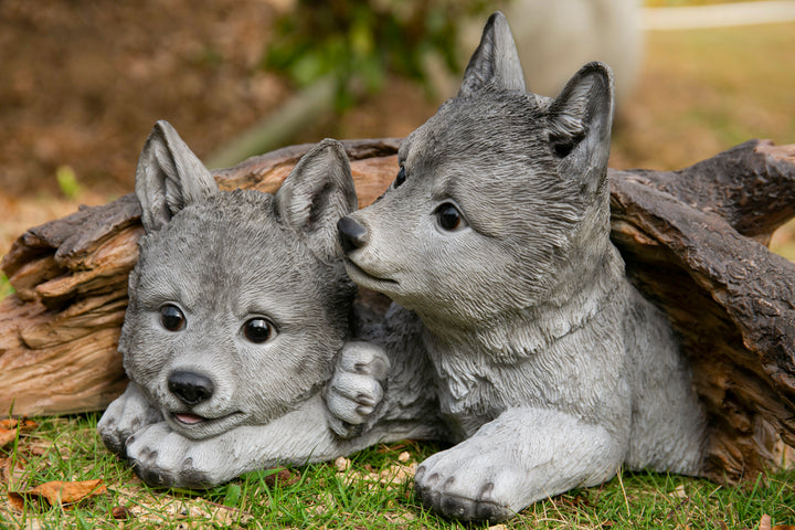 Gray Wolf Cubs Hiding under Log Statue HI-LINE GIFT LTD.