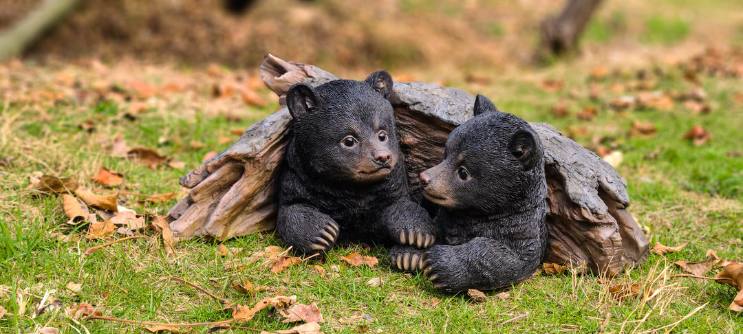 Black Bear Cubs Hiding Under Log Statue Hi-Line Gift Ltd.