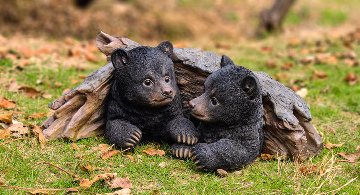 Black Bear Cubs Hiding Under Log Statue Hi-Line Gift Ltd.