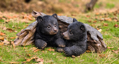 Black Bear Cubs Hiding Under Log Statue Hi-Line Gift Ltd.
