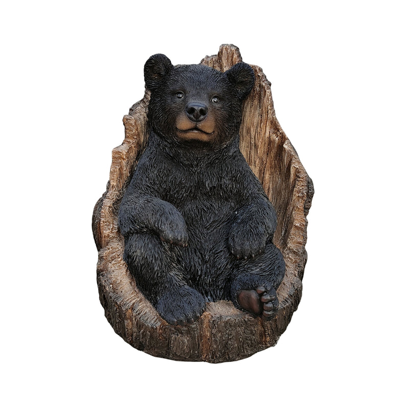 87957-M - Lone Cub Haven: Intriguing Black Polyresin Bear in Stump Figurine Hi-Line Gift Ltd.