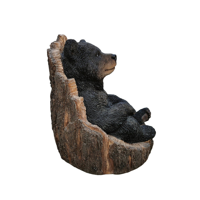 87957-M - Lone Cub Haven: Intriguing Black Polyresin Bear in Stump Figurine Hi-Line Gift Ltd.