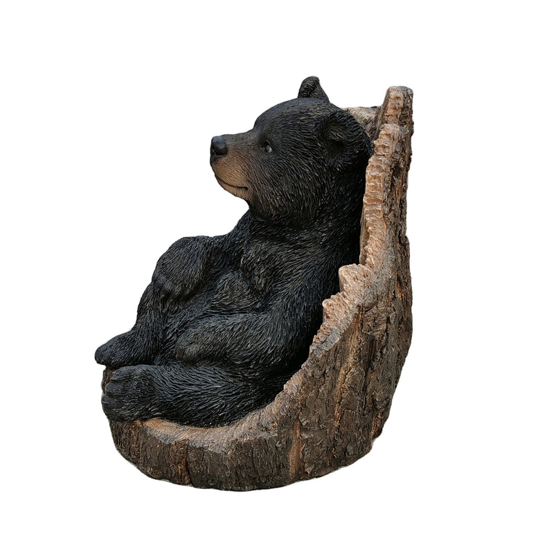 87957-M - Lone Cub Haven: Intriguing Black Polyresin Bear in Stump Figurine Hi-Line Gift Ltd.