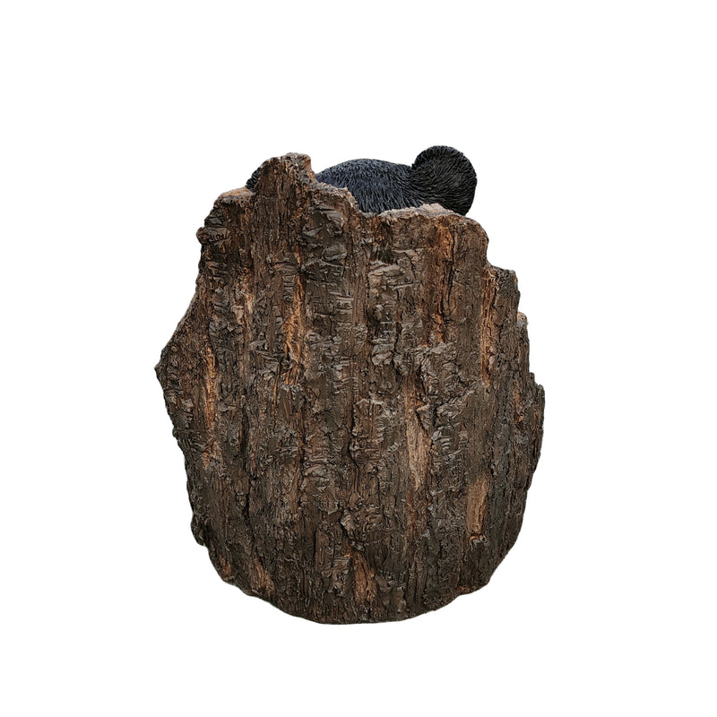 87957-M - Lone Cub Haven: Intriguing Black Polyresin Bear in Stump Figurine Hi-Line Gift Ltd.