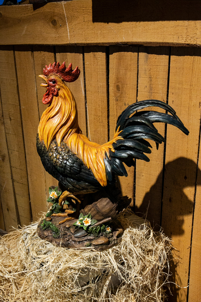 Large Rooster On A Wood Barrel HI-LINE GIFT LTD.