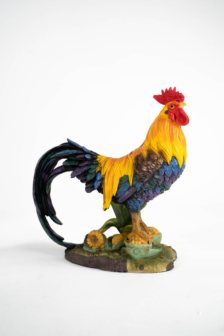 Coloured Rooster Standing On Corn Statue HI-LINE GIFT LTD.