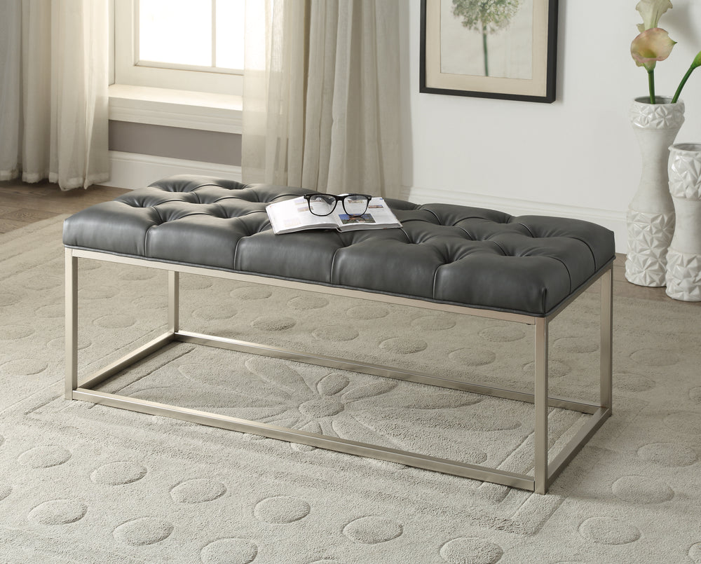 Grey & Silver Button-Tufted Bonded-Leather Bench HI-LINE GIFT LTD.
