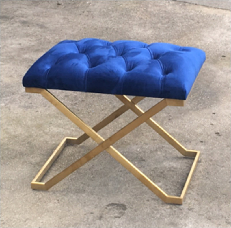 Button Tufted Velvet Sitting Stool With Golden X-Base HI-LINE GIFT LTD.