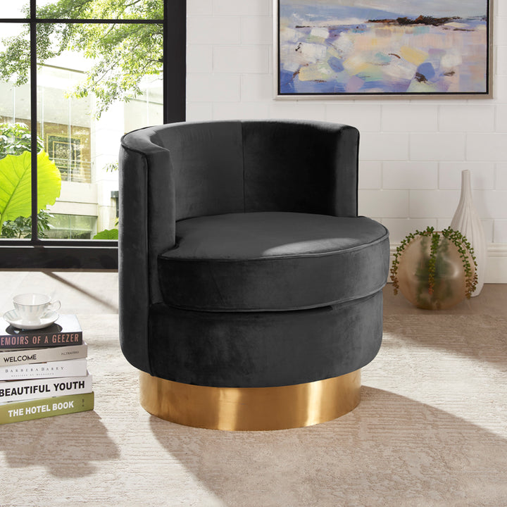 Black Velvet Barrel Chair With  Gold Base & Pillow HI-LINE GIFT LTD.