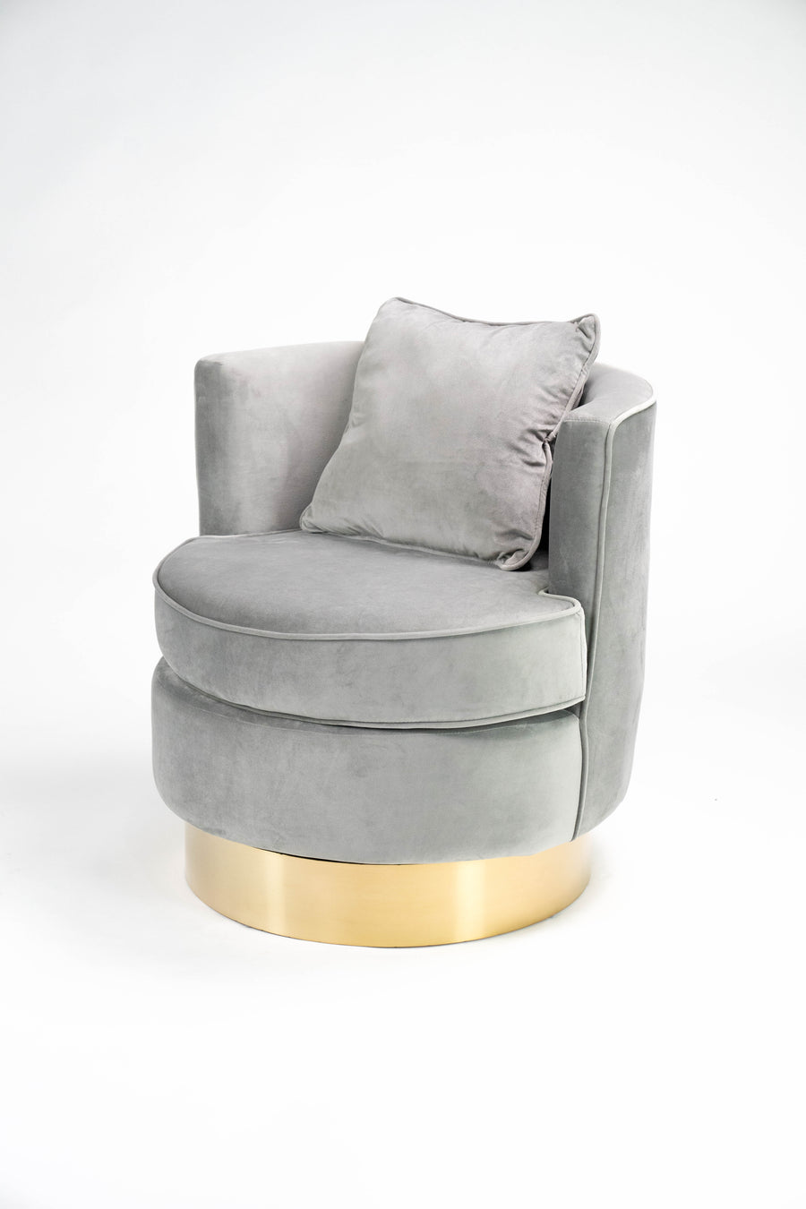 Grey Velvet Barrel Chair With  Gold Base & Pillow HI-LINE GIFT LTD.