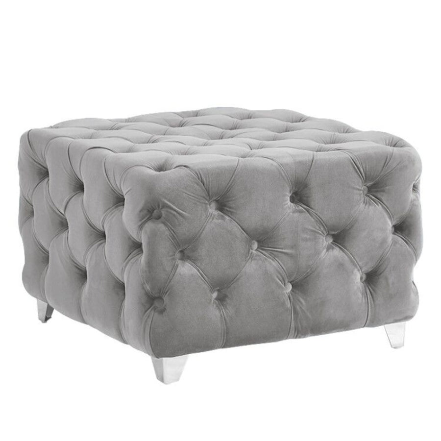 Grey Velvet All-Over Button-Tufted Cocktail Ottoman With  Metal Legs HI-LINE GIFT LTD.
