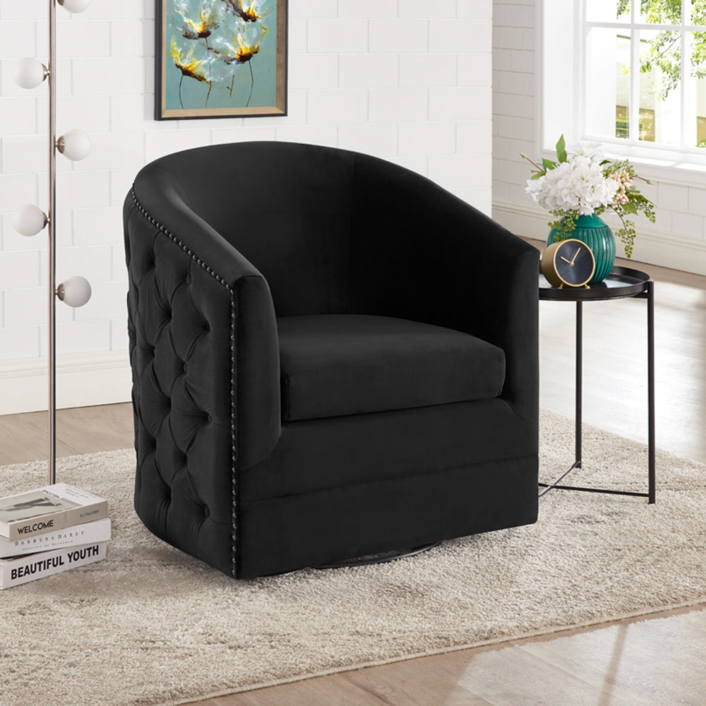 Black Velvet Chair With  Nailhead Trim, Button-Tufting, And Swivel Base HI-LINE GIFT LTD.
