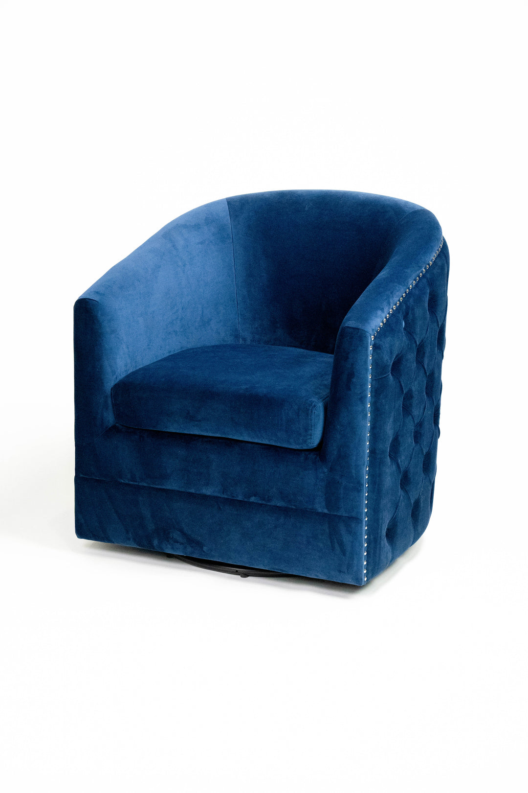 Navy Blue Velvet Chair With  Nailhead Trim, Button-Tufting, And Swivel Base HI-LINE GIFT LTD.