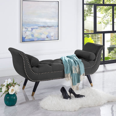 Button Tufted Velvet Bench With Metal Legs HI-LINE GIFT LTD.