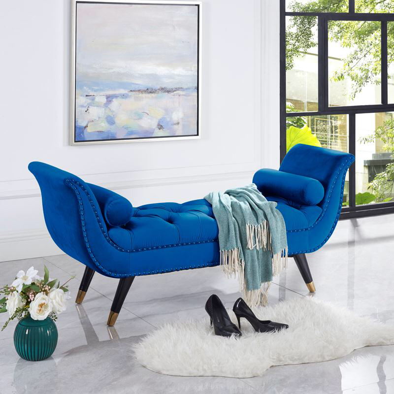 Button Tufted Velvet Bench With Metal Legs HI-LINE GIFT LTD.