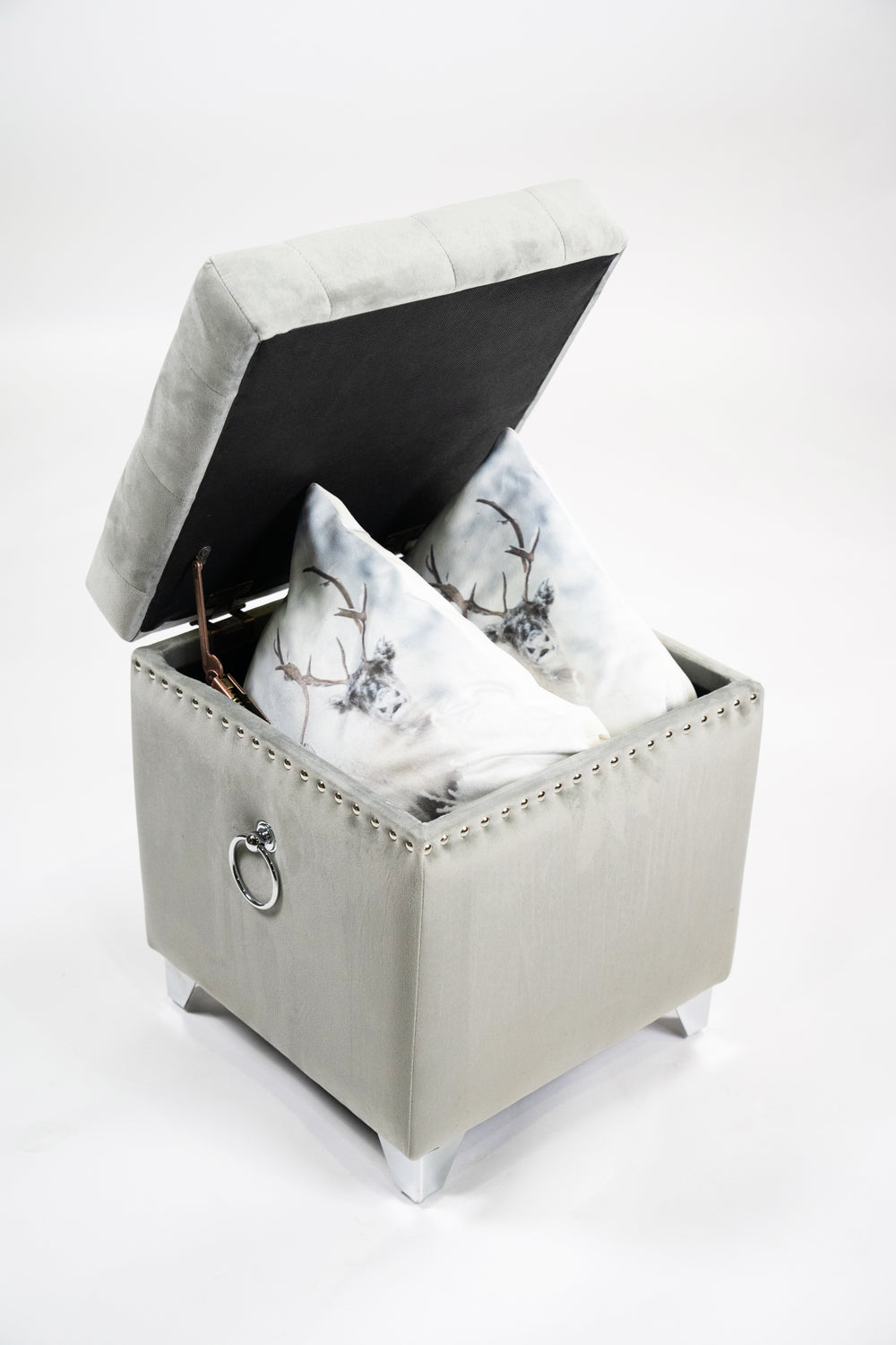 Grey Velvet Button-Tufted Storage Ottoman With  Nailhead Trim, Pull Ring, And Metal Legs HI-LINE GIFT LTD.