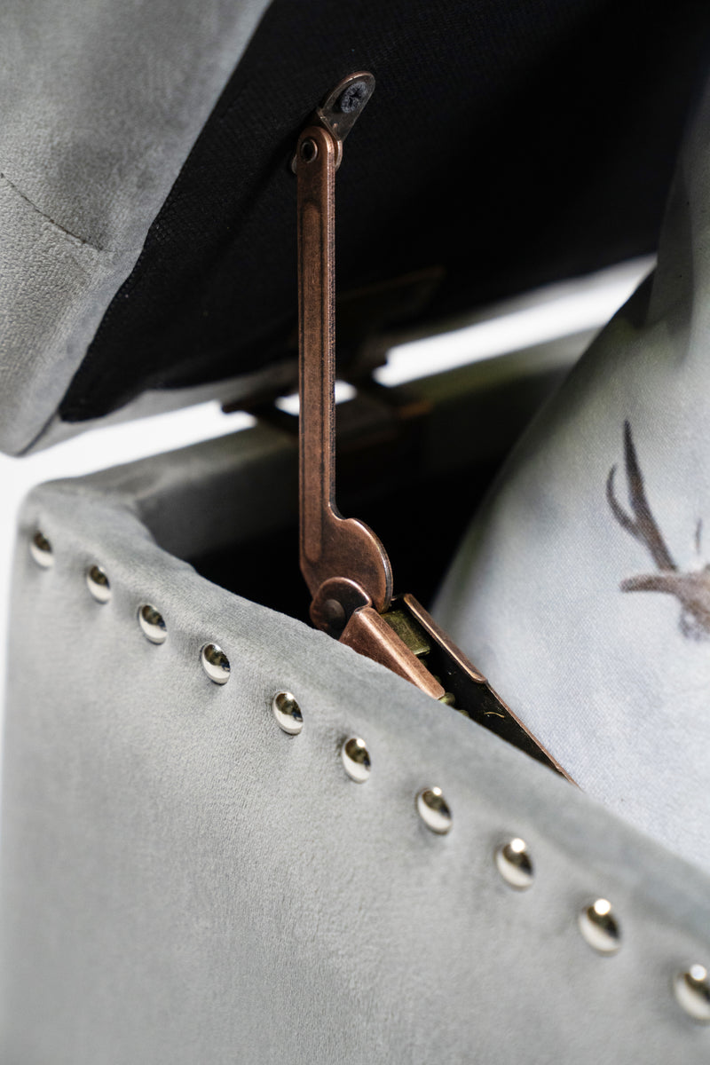 Grey Velvet Button-Tufted Storage Ottoman With  Nailhead Trim, Pull Ring, And Metal Legs HI-LINE GIFT LTD.