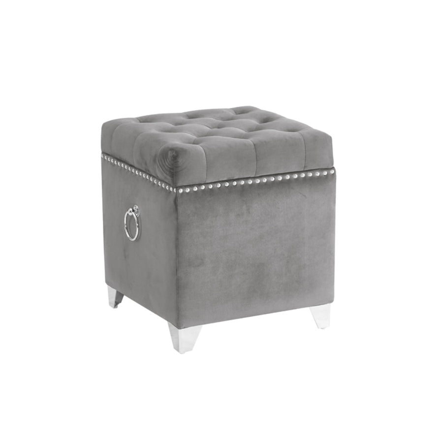 Grey Velvet Button-Tufted Storage Ottoman With  Nailhead Trim, Pull Ring, And Metal Legs HI-LINE GIFT LTD.