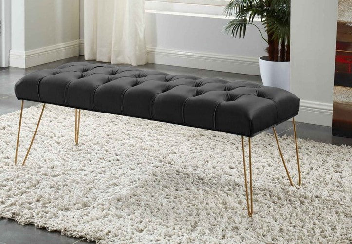 Button Tufted velvet Bench With Golden Legs HI-LINE GIFT LTD.