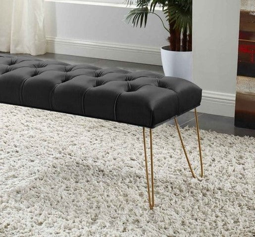 Button Tufted velvet Bench With Golden Legs HI-LINE GIFT LTD.