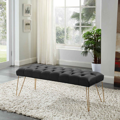 Button Tufted velvet Bench With Golden Legs HI-LINE GIFT LTD.