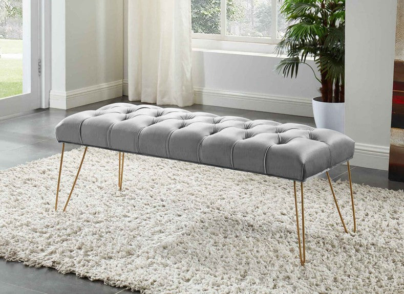 Button Tufted velvet Bench With Golden Legs HI-LINE GIFT LTD.