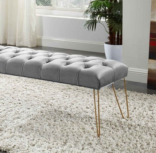 Button Tufted velvet Bench With Golden Legs HI-LINE GIFT LTD.