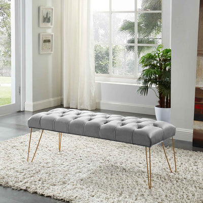 Button Tufted velvet Bench With Golden Legs HI-LINE GIFT LTD.