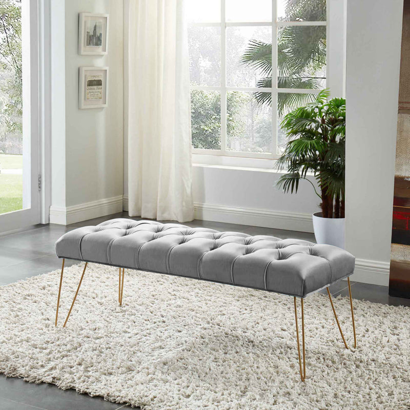 Button Tufted velvet Bench With Golden Legs HI-LINE GIFT LTD.