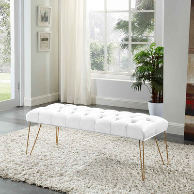 Button Tufted velvet Bench With Golden Legs HI-LINE GIFT LTD.