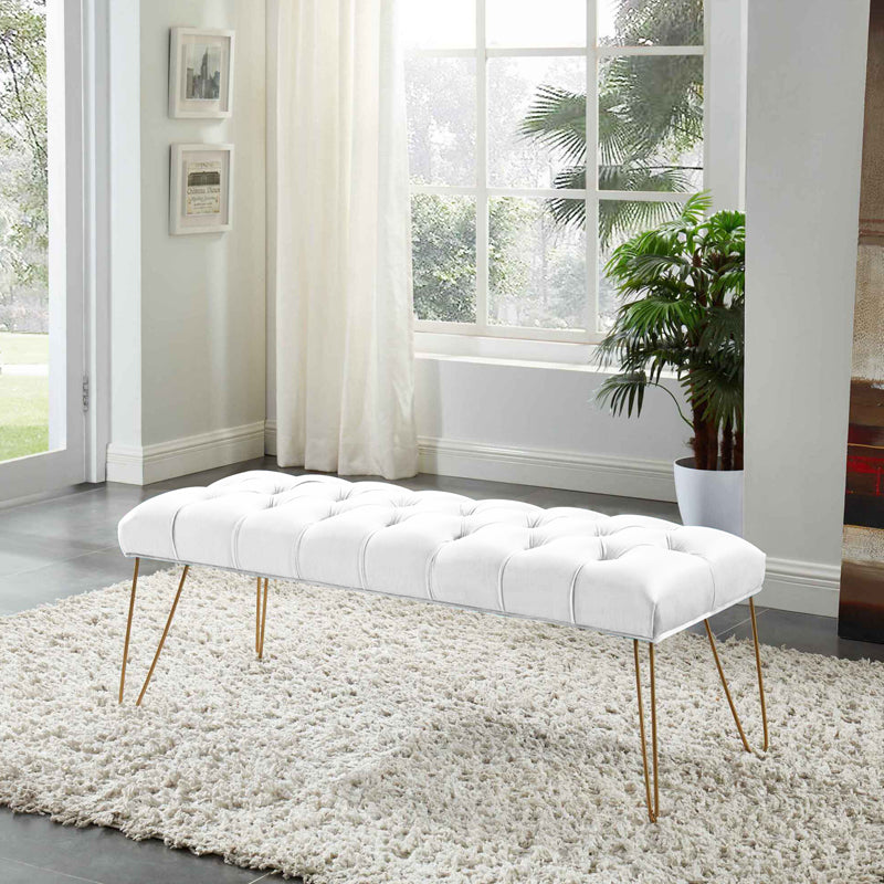 Button Tufted velvet Bench With Golden Legs HI-LINE GIFT LTD.