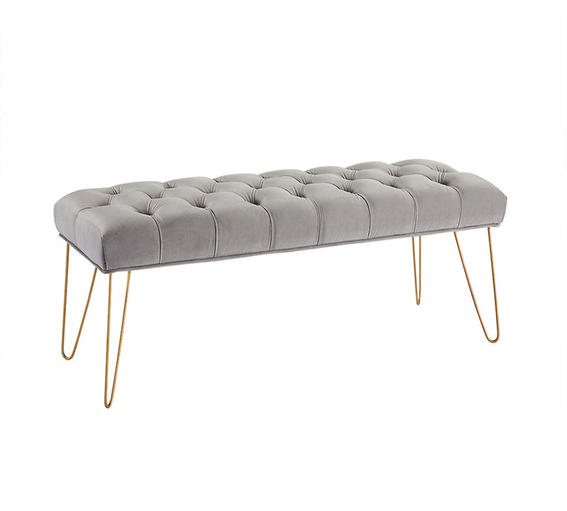 Button Tufted velvet Bench With Golden Legs HI-LINE GIFT LTD.