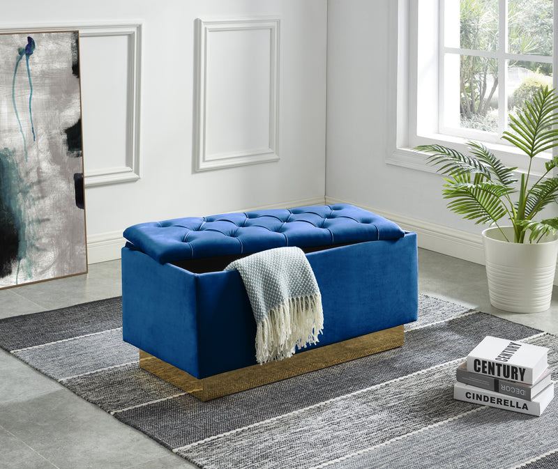 Navy Blue Velvet Tufted Storage Ottoman With Golden Base HI-LINE GIFT LTD.