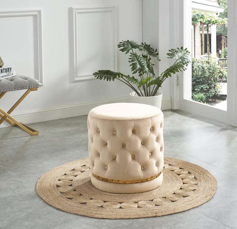 Cream Velvet Button-Tufted Round Ottoman With Swivel Base HI-LINE GIFT LTD.