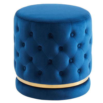 Navy Blue Velvet Button-Tufted Round Ottoman With Swivel Base HI-LINE GIFT LTD.
