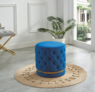 Navy Blue Velvet Button-Tufted Round Ottoman With Swivel Base HI-LINE GIFT LTD.