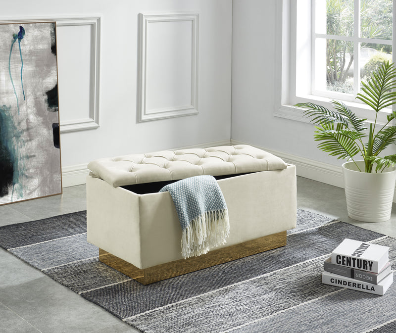 Cream Velvet Tufted Storage Ottoman With Golden Base Hi-Line Gift Ltd.